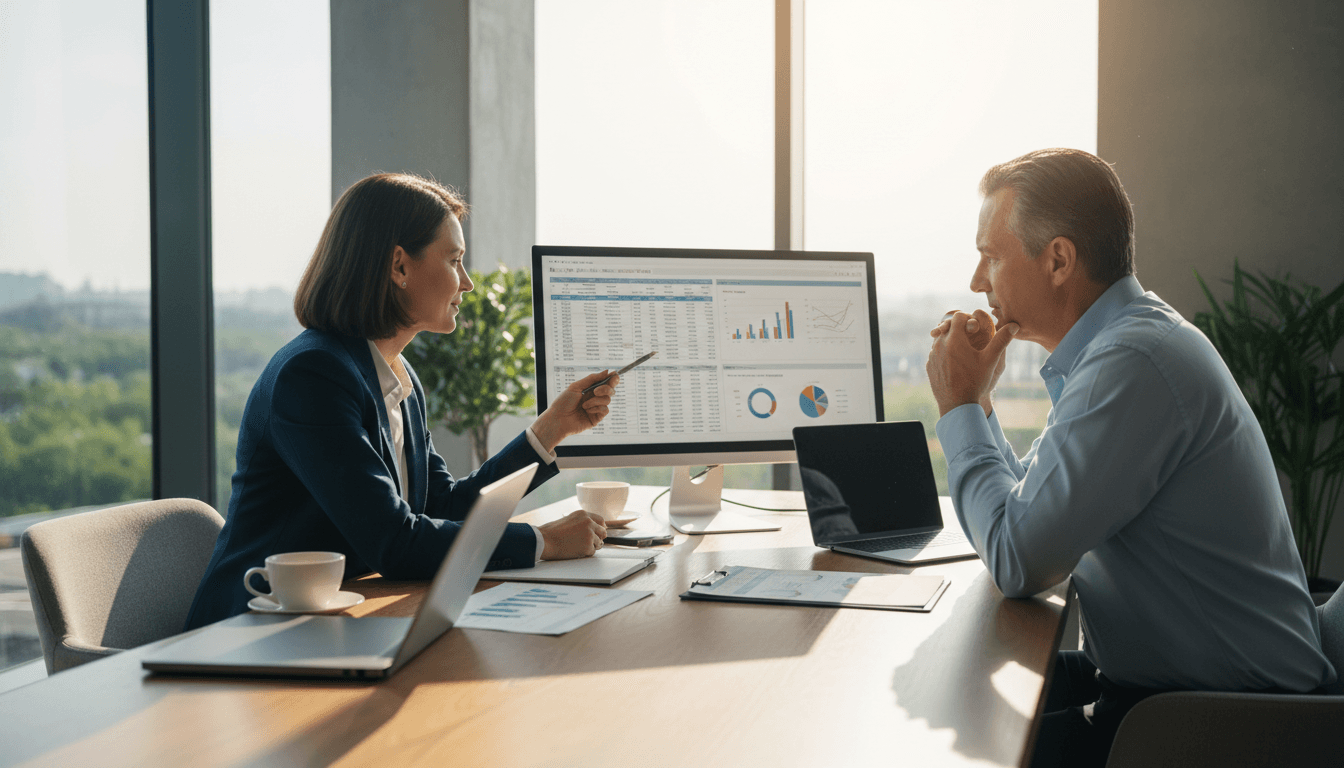 Professional advisor reviewing financial documents with client at desk